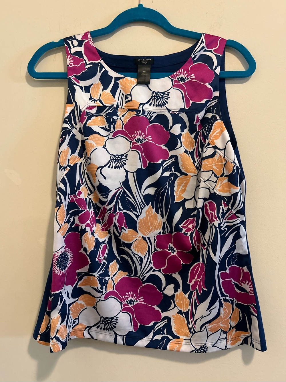 Ann Taylor Navy Floral Sleeveless Topβ with Magenta and Peach Blooms